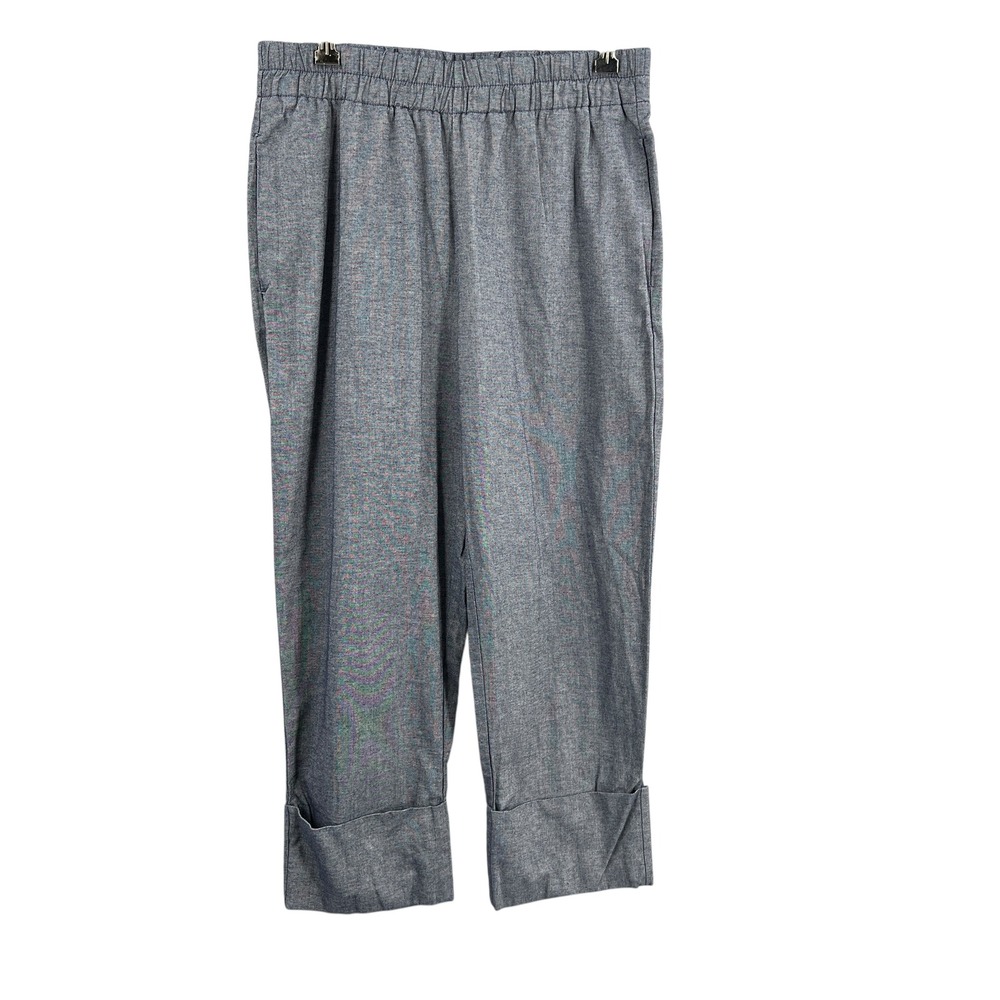 Zara Blue Pull-On Cropped Pants Size L Elastic Waist Chambray Look Cuffed